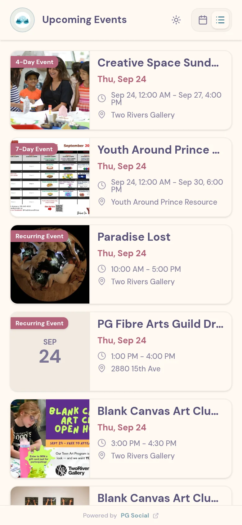 PG Social list of upcoming Prince George events with dates and locations.