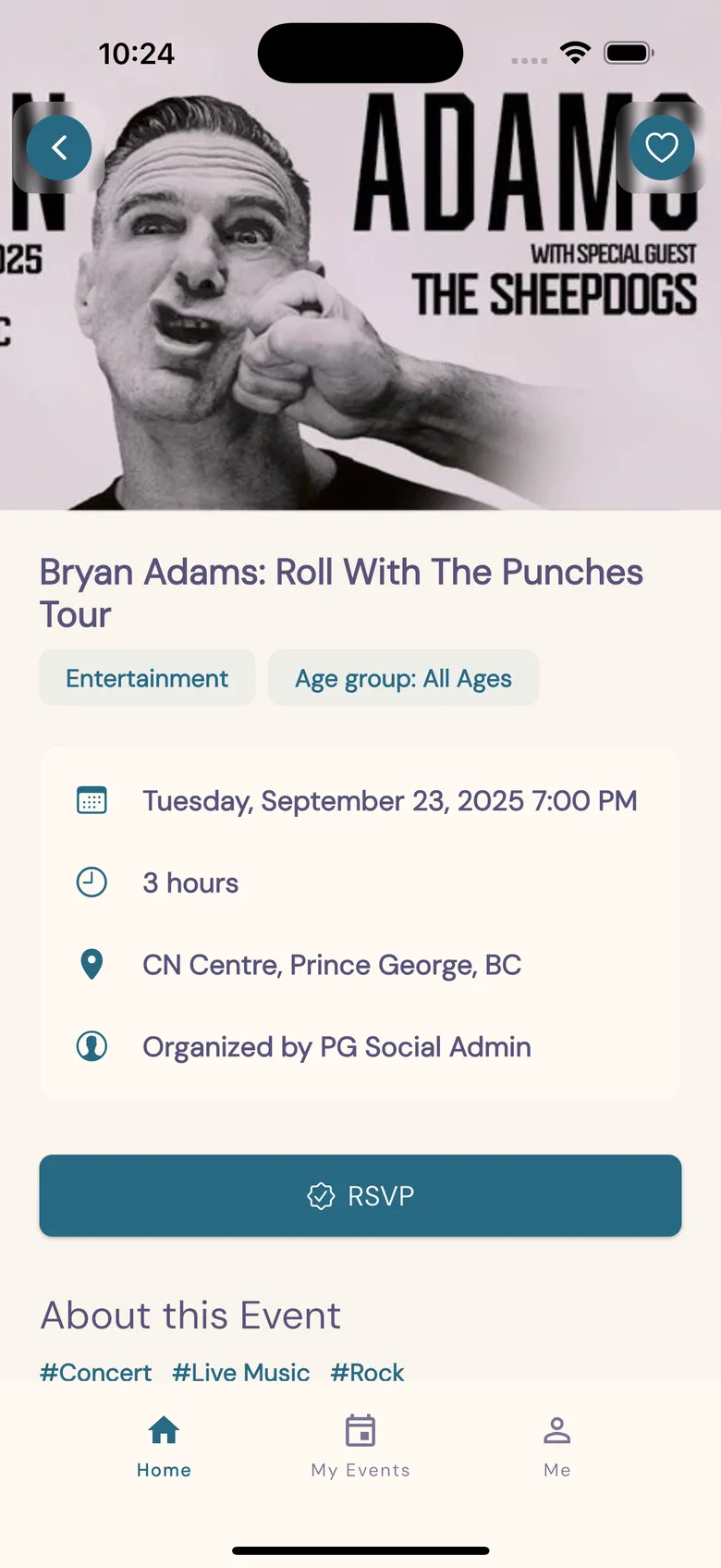 An event page in PG Social, with the date, the place and an RSVP button.
