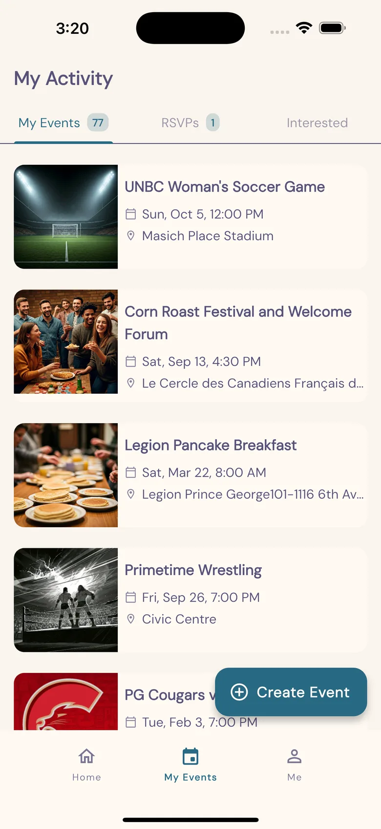 My activity: the events a person made, their RSVPs and what interests them.