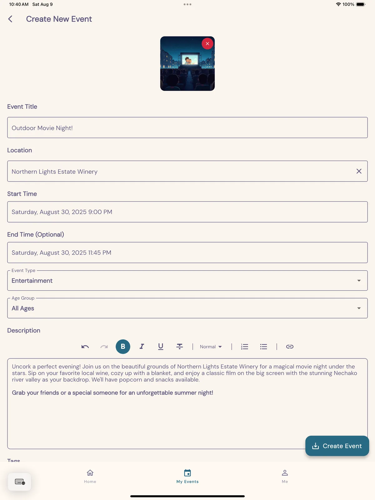 Creating an event in PG Social on a tablet, with a formatted description.
