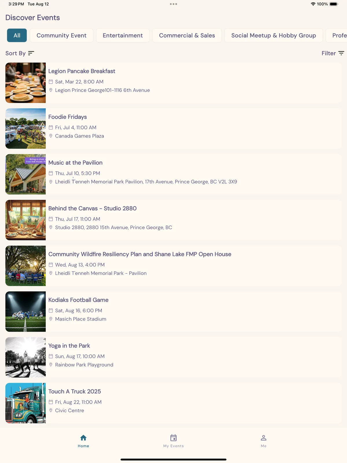 Discover events in PG Social on a tablet.