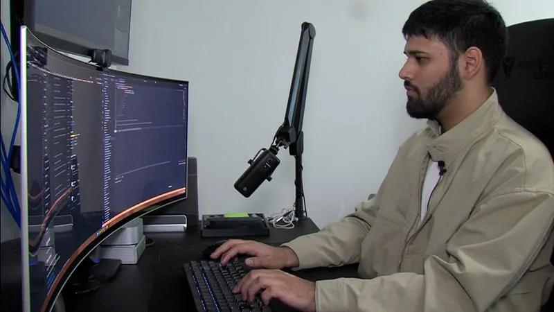 Shrey at his desk, writing code, in the CKPG Today segment.