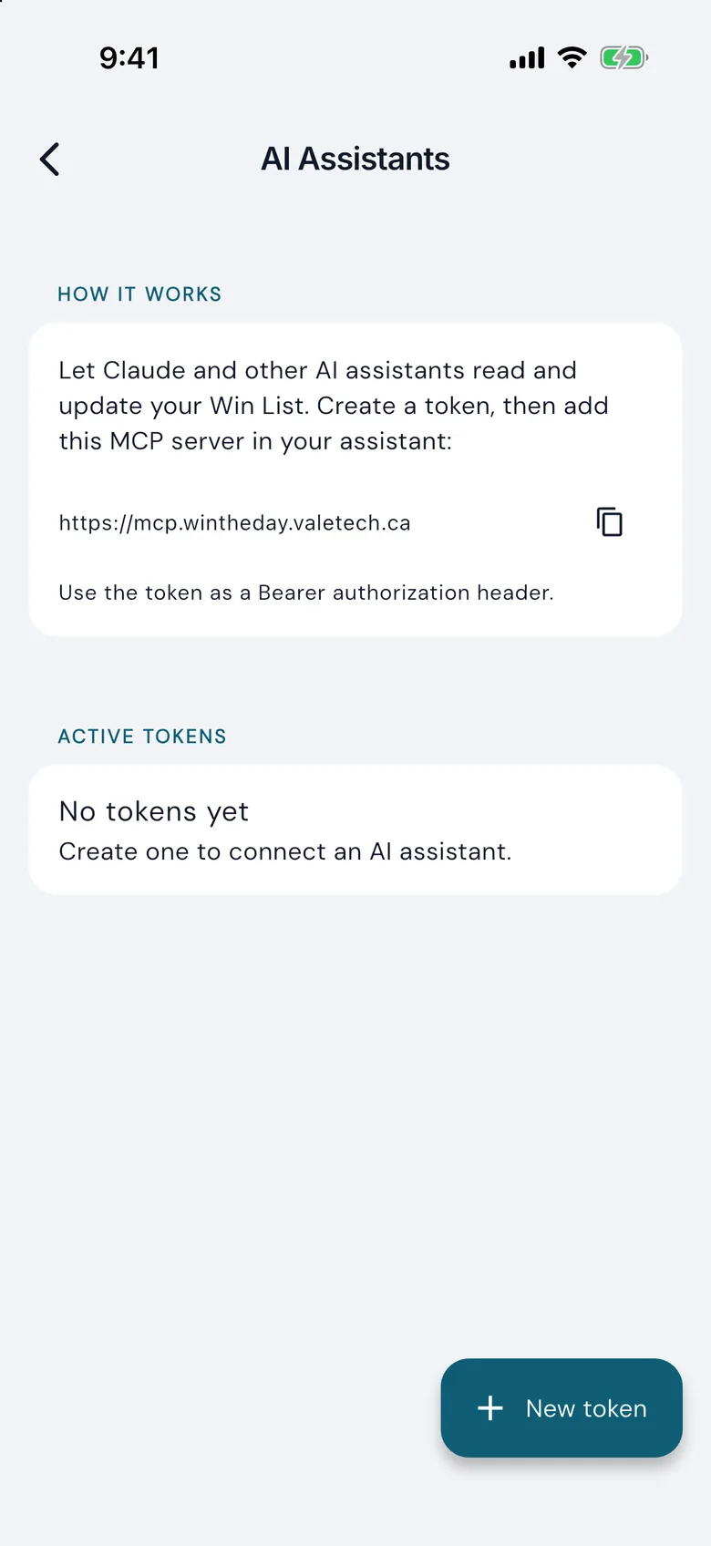 The AI assistants screen, with the MCP server address and the access tokens.