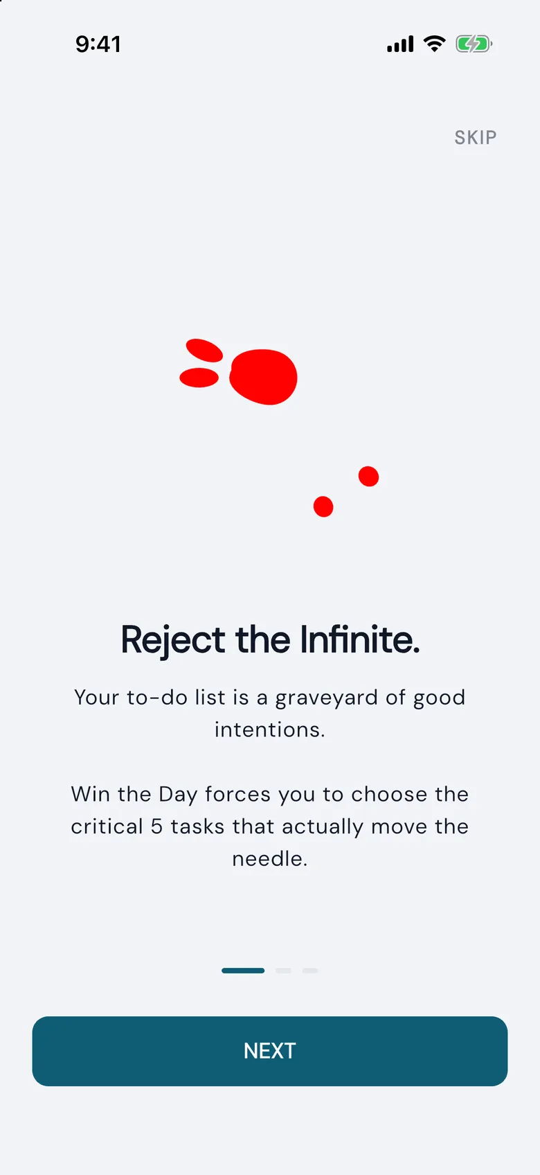 Win the Day onboarding screen that rejects the endless to-do list.